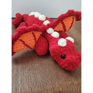 Red Crochet Dragon Stuffed Animal White Orange Chenille Yarn Soft